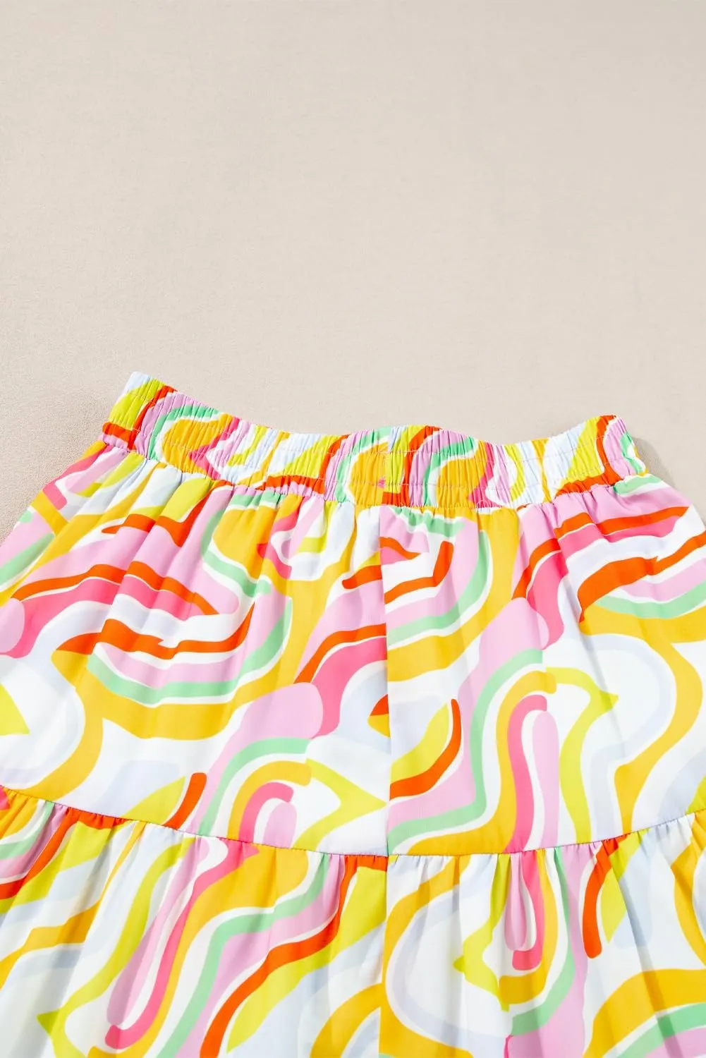 Women's Pink Abstract Print Tiered Maxi Skirt with High Waist