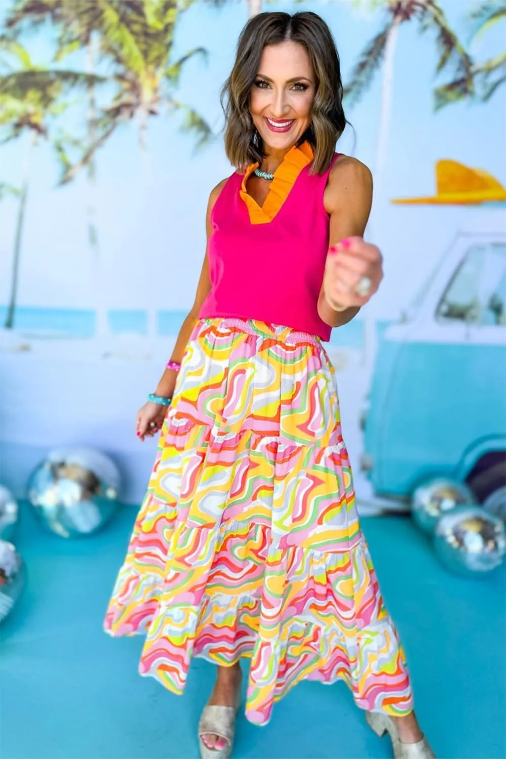 Women's Pink Abstract Print Tiered Maxi Skirt with High Waist