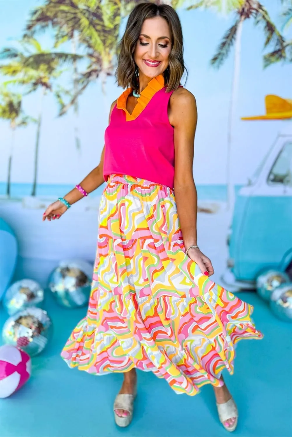 Women's Pink Abstract Print Tiered Maxi Skirt with High Waist