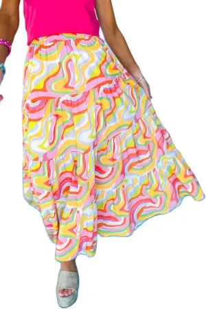 Women's Pink Abstract Print Tiered Maxi Skirt with High Waist