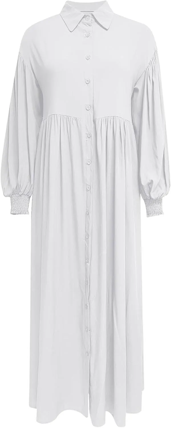 Womens Plus Size Button Down Shirt Dress Summer Trendy Lantern Sleeve Maxi Dress Pleated Wedding Guest Dress S-4XL