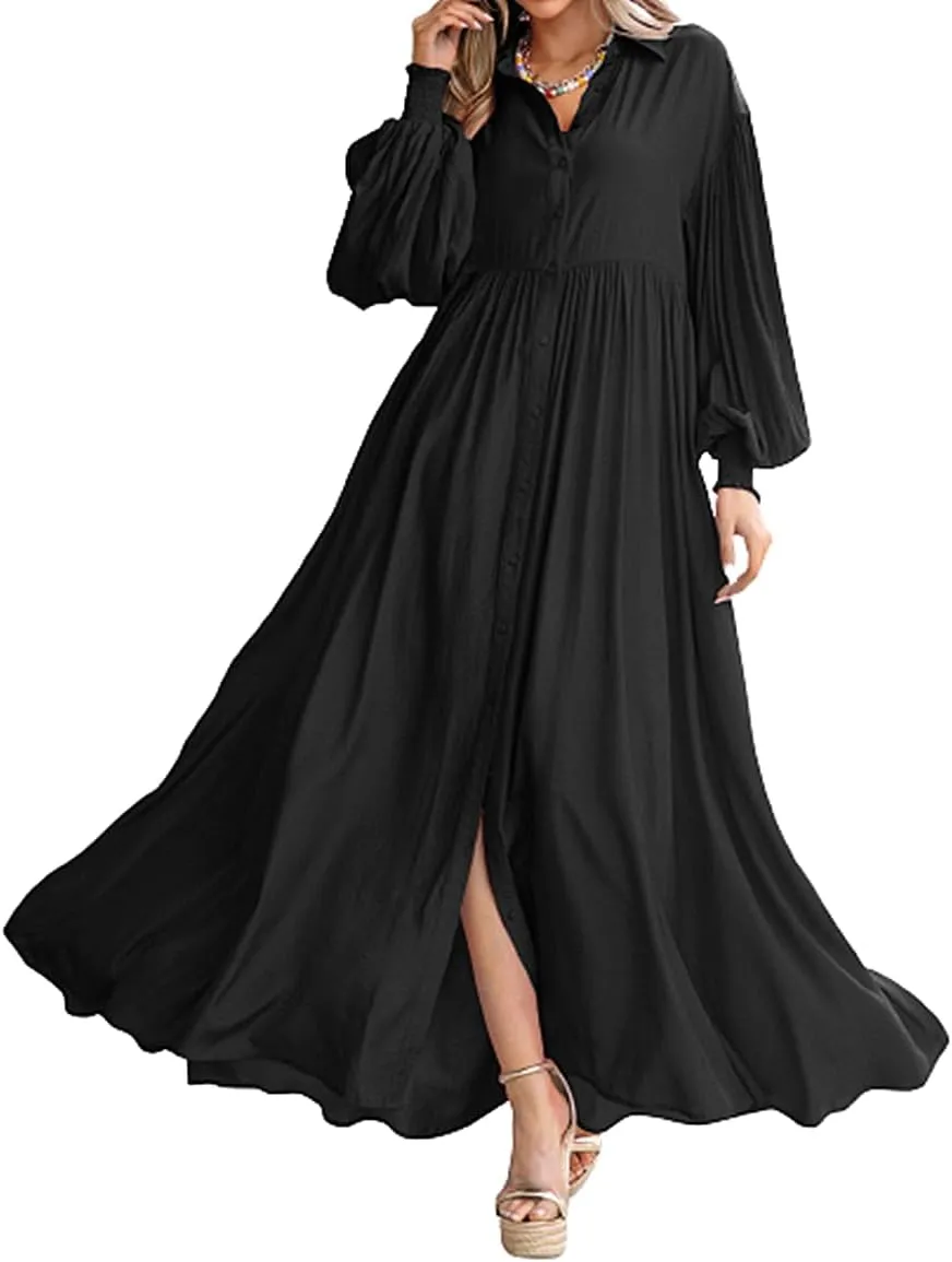 Womens Plus Size Button Down Shirt Dress Summer Trendy Lantern Sleeve Maxi Dress Pleated Wedding Guest Dress S-4XL