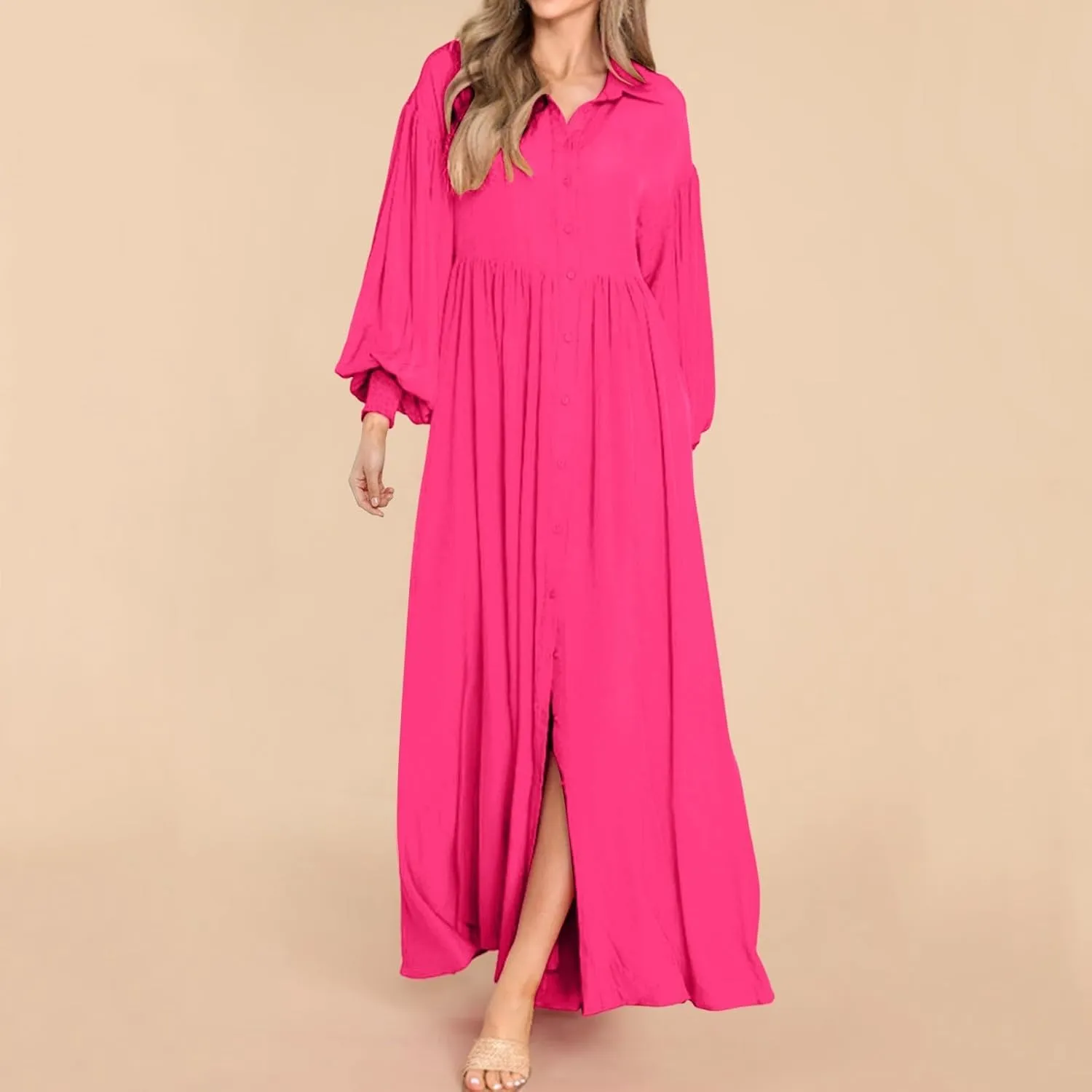 Womens Plus Size Button Down Shirt Dress Summer Trendy Lantern Sleeve Maxi Dress Pleated Wedding Guest Dress S-4XL