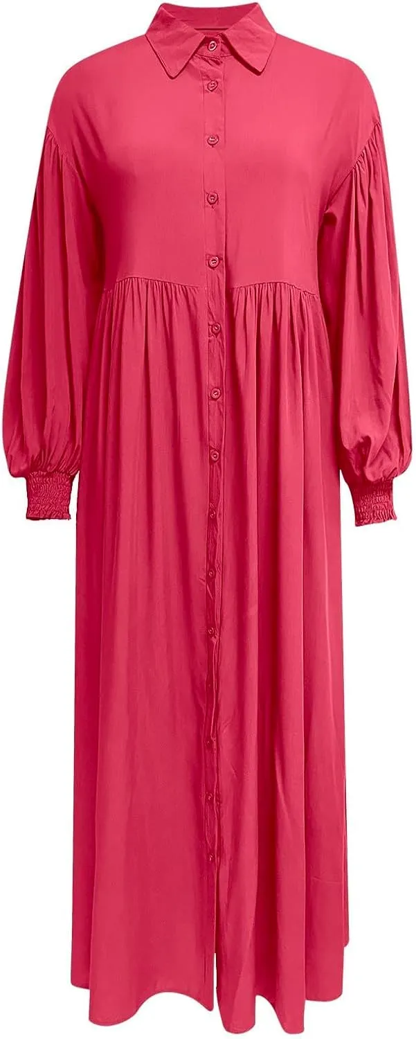 Womens Plus Size Button Down Shirt Dress Summer Trendy Lantern Sleeve Maxi Dress Pleated Wedding Guest Dress S-4XL