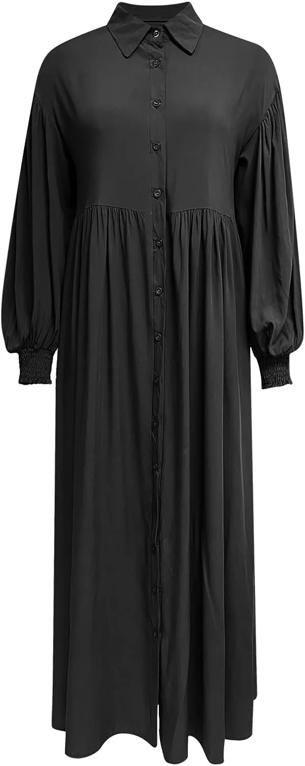 Womens Plus Size Button Down Shirt Dress Summer Trendy Lantern Sleeve Maxi Dress Pleated Wedding Guest Dress S-4XL