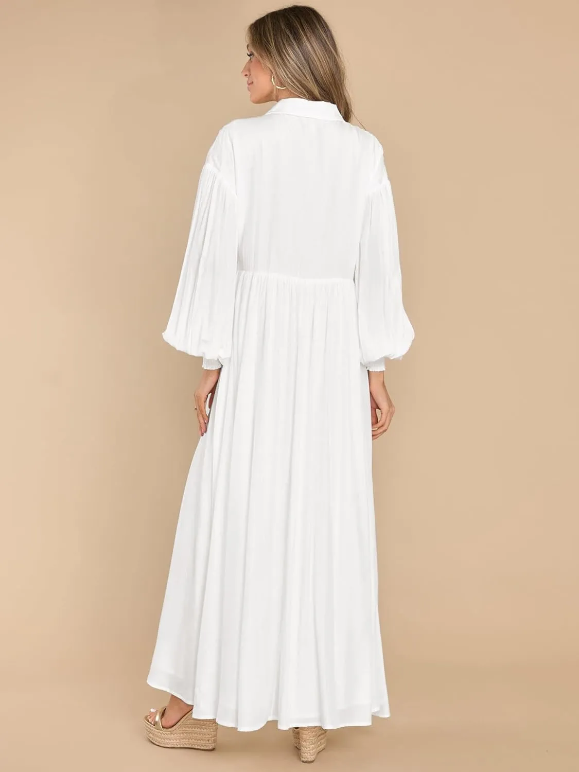 Womens Plus Size Button Down Shirt Dress Summer Trendy Lantern Sleeve Maxi Dress Pleated Wedding Guest Dress S-4XL