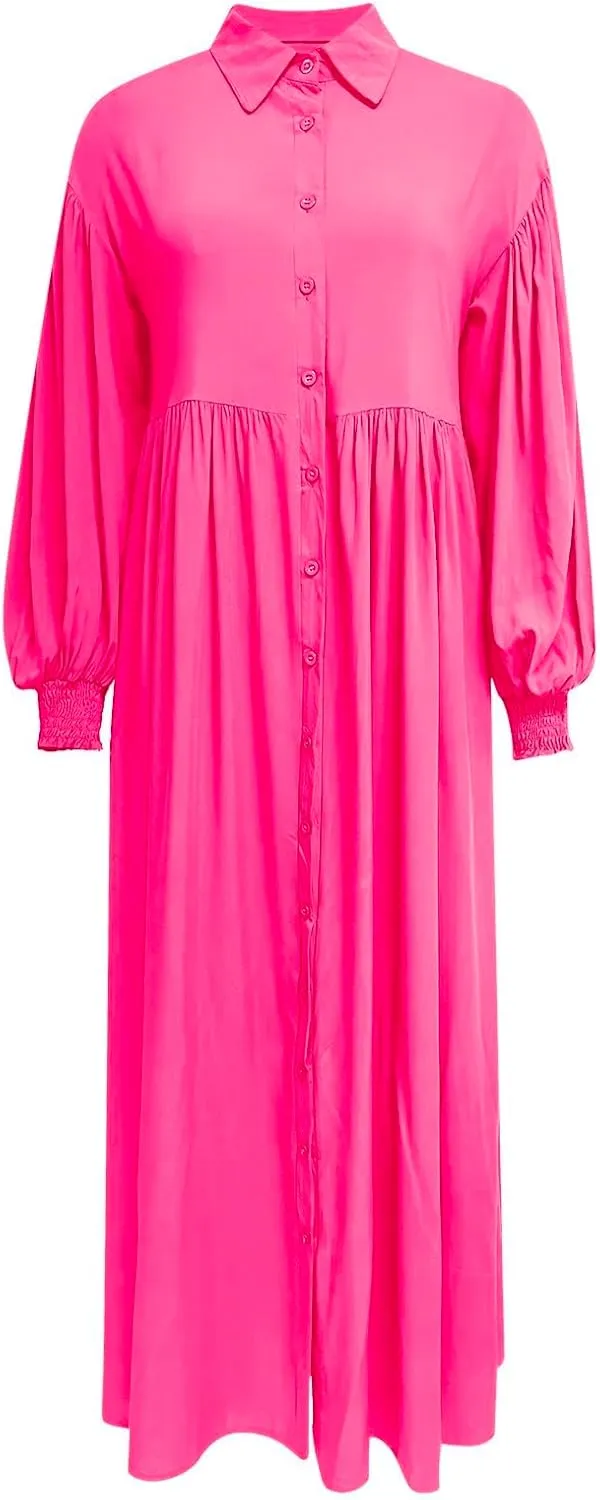 Womens Plus Size Button Down Shirt Dress Summer Trendy Lantern Sleeve Maxi Dress Pleated Wedding Guest Dress S-4XL