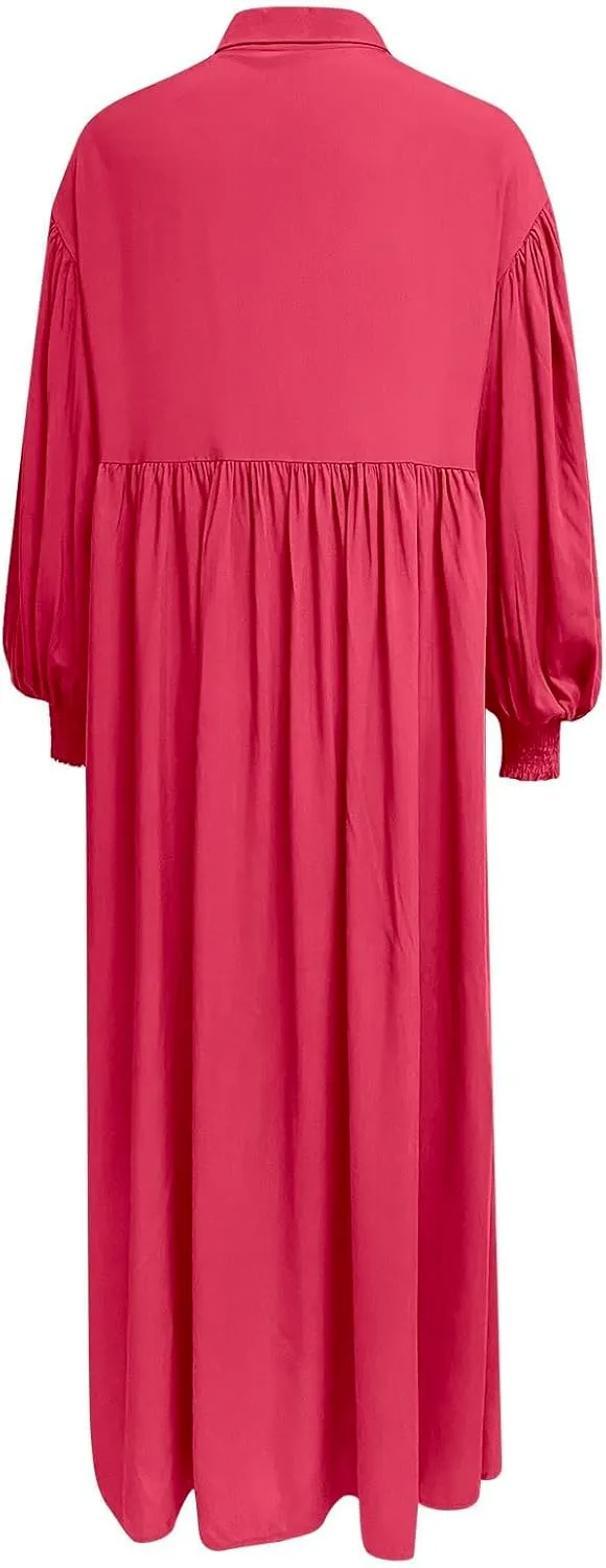 Womens Plus Size Button Down Shirt Dress Summer Trendy Lantern Sleeve Maxi Dress Pleated Wedding Guest Dress S-4XL