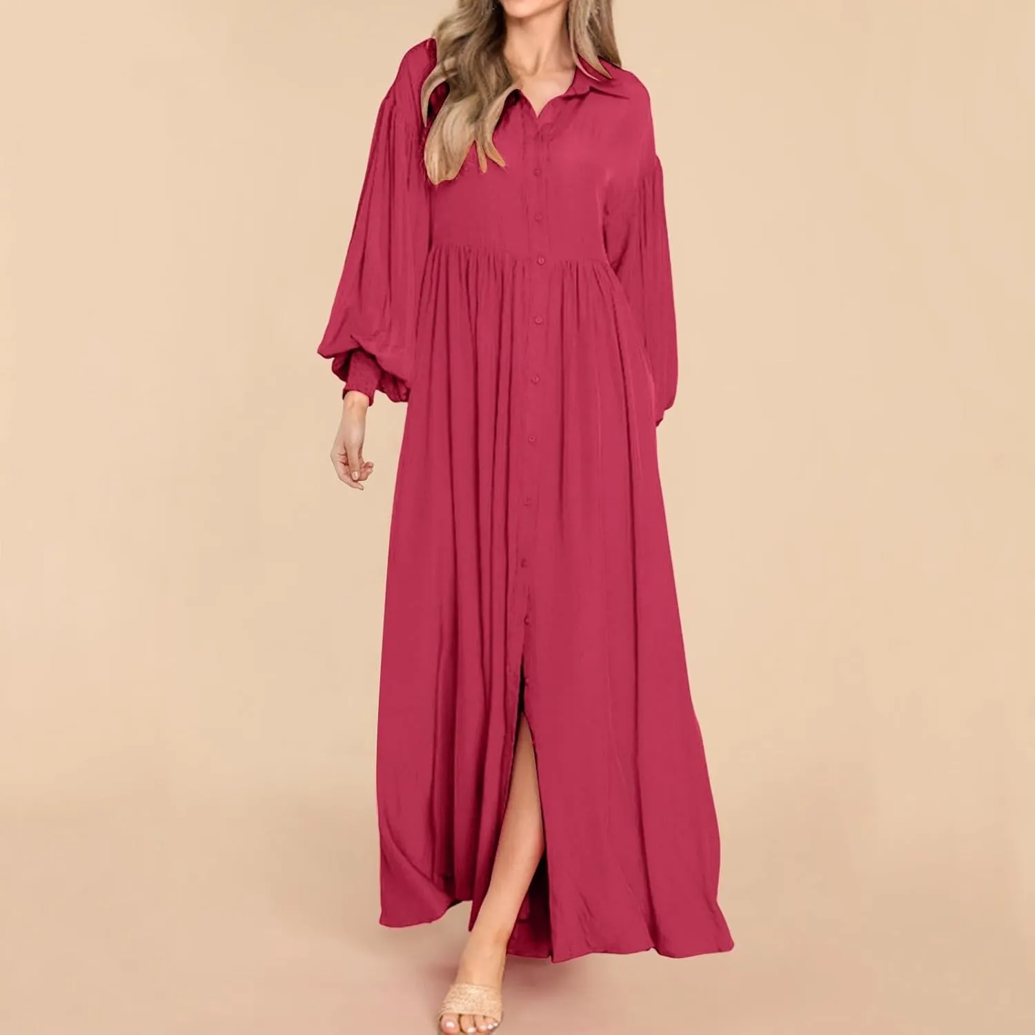Womens Plus Size Button Down Shirt Dress Summer Trendy Lantern Sleeve Maxi Dress Pleated Wedding Guest Dress S-4XL
