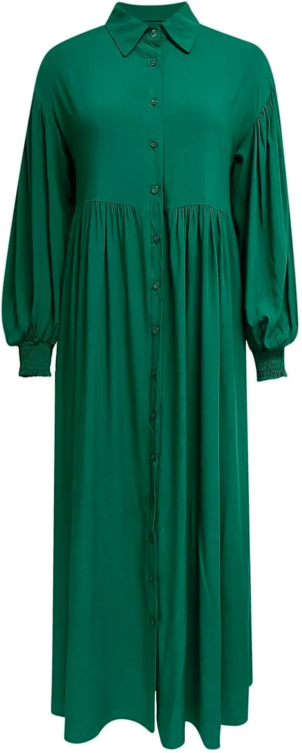 Womens Plus Size Button Down Shirt Dress Summer Trendy Lantern Sleeve Maxi Dress Pleated Wedding Guest Dress S-4XL