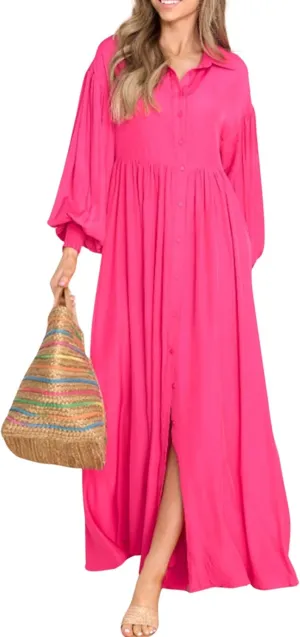 Womens Plus Size Button Down Shirt Dress Summer Trendy Lantern Sleeve Maxi Dress Pleated Wedding Guest Dress S-4XL