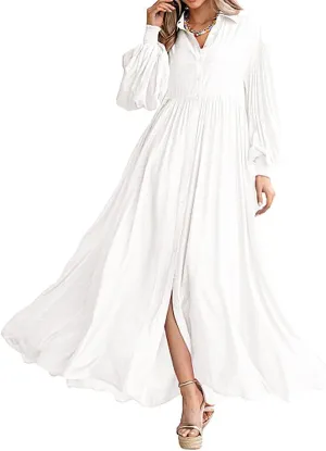 Womens Plus Size Button Down Shirt Dress Summer Trendy Lantern Sleeve Maxi Dress Pleated Wedding Guest Dress S-4XL