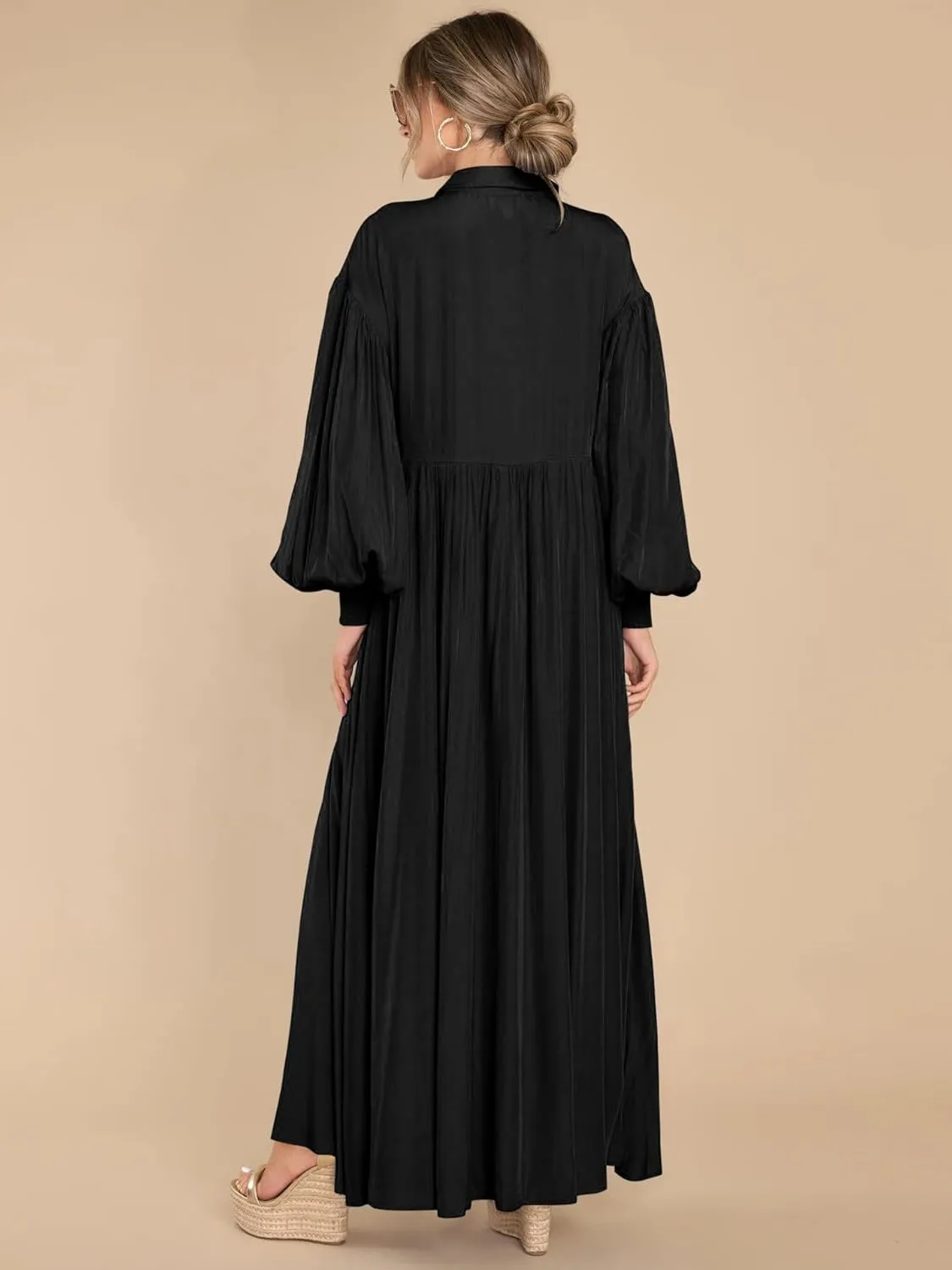 Womens Plus Size Button Down Shirt Dress Summer Trendy Lantern Sleeve Maxi Dress Pleated Wedding Guest Dress S-4XL