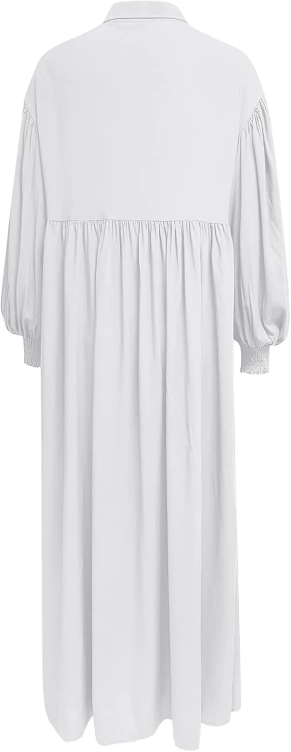 Womens Plus Size Button Down Shirt Dress Summer Trendy Lantern Sleeve Maxi Dress Pleated Wedding Guest Dress S-4XL