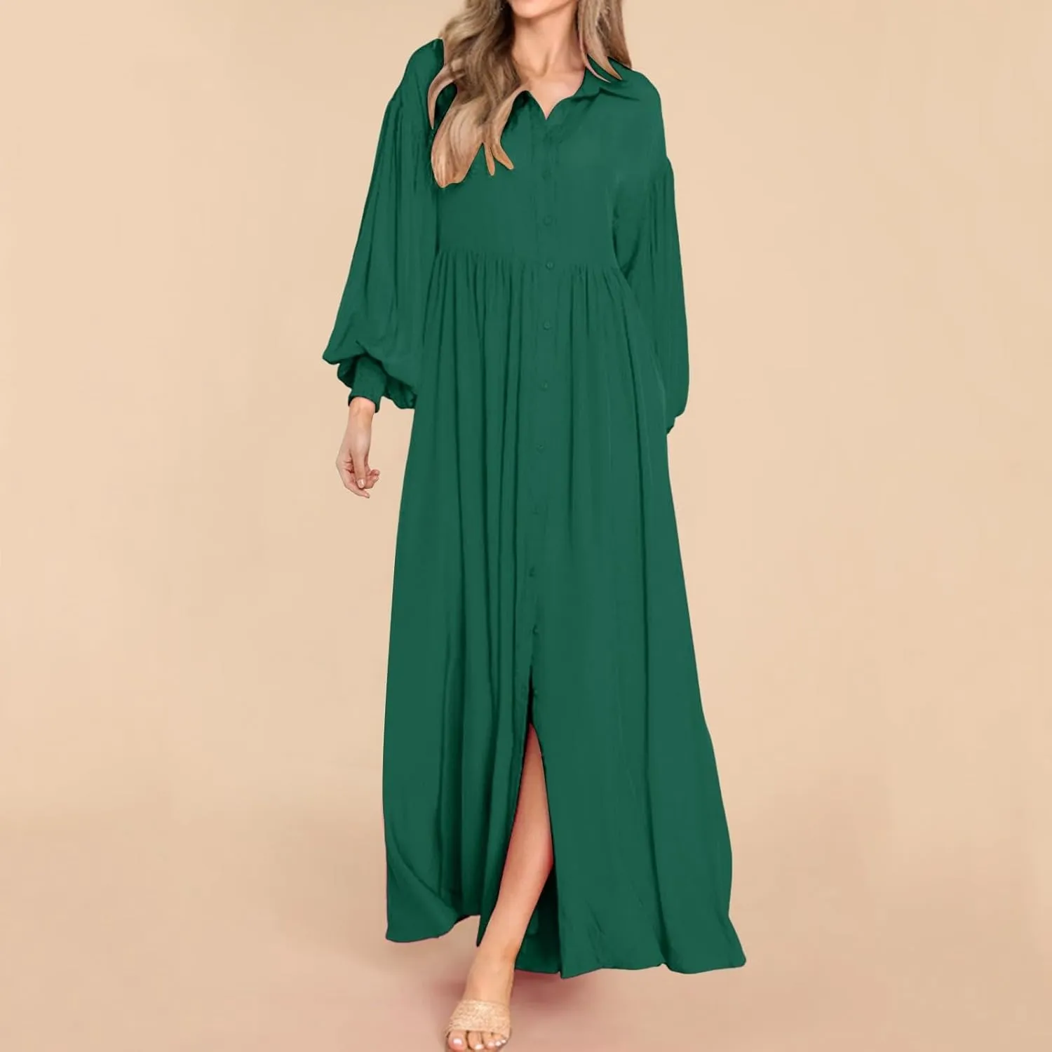 Womens Plus Size Button Down Shirt Dress Summer Trendy Lantern Sleeve Maxi Dress Pleated Wedding Guest Dress S-4XL