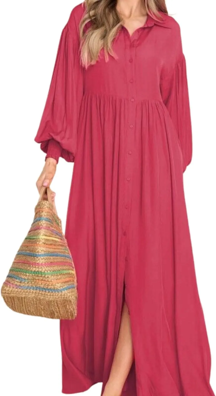 Womens Plus Size Button Down Shirt Dress Summer Trendy Lantern Sleeve Maxi Dress Pleated Wedding Guest Dress S-4XL