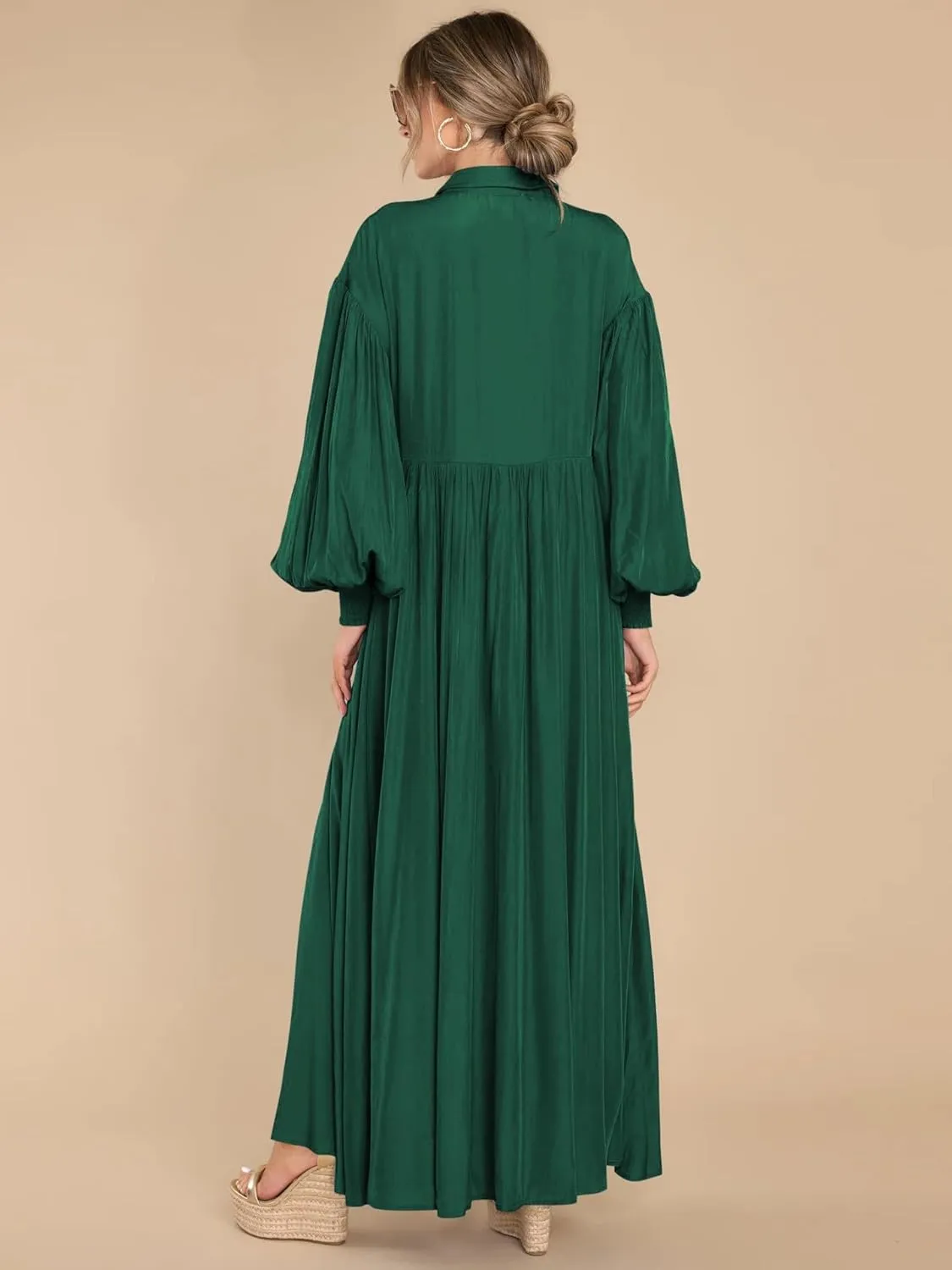 Womens Plus Size Button Down Shirt Dress Summer Trendy Lantern Sleeve Maxi Dress Pleated Wedding Guest Dress S-4XL