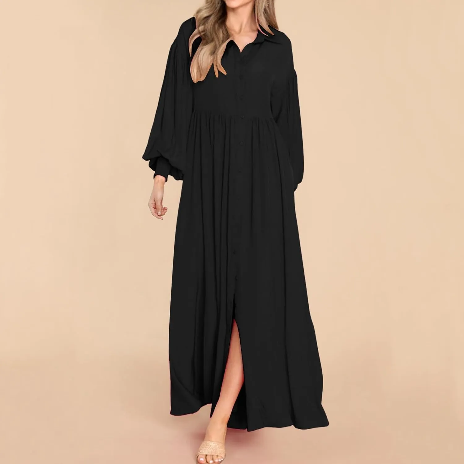 Womens Plus Size Button Down Shirt Dress Summer Trendy Lantern Sleeve Maxi Dress Pleated Wedding Guest Dress S-4XL
