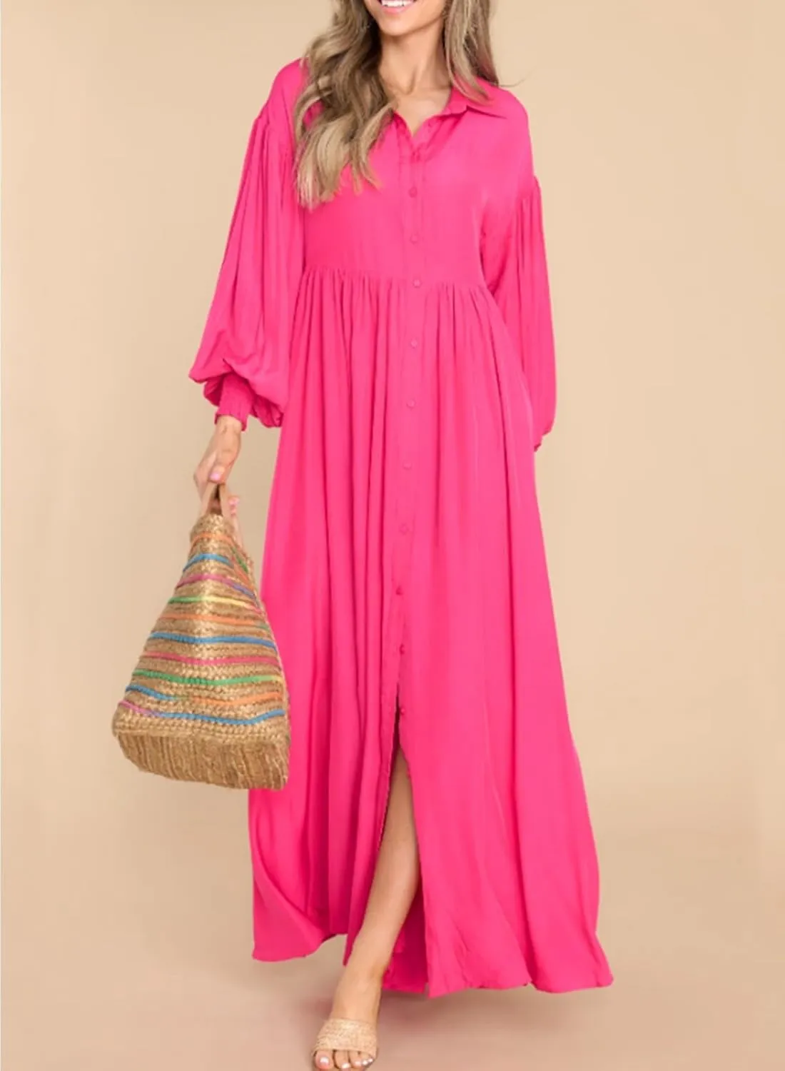 Womens Plus Size Button Down Shirt Dress Summer Trendy Lantern Sleeve Maxi Dress Pleated Wedding Guest Dress S-4XL