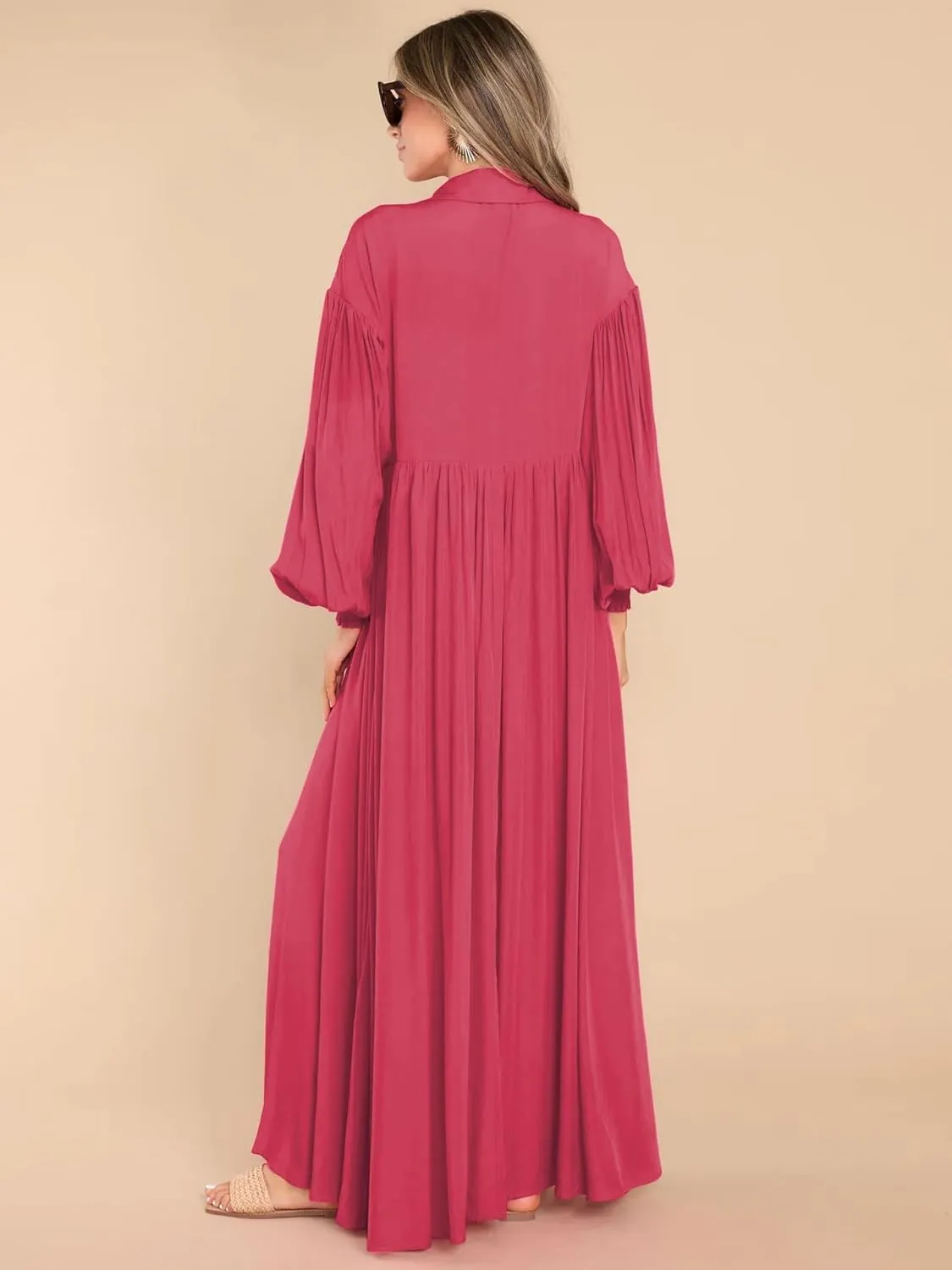Womens Plus Size Button Down Shirt Dress Summer Trendy Lantern Sleeve Maxi Dress Pleated Wedding Guest Dress S-4XL
