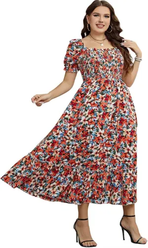 Womens Plus Size Floral Midi Dress, Vintage Smocked Bodice Puff Sleeves Flared Hemline Dresses