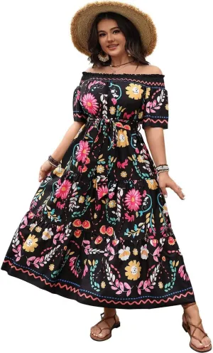 Womens Plus Size Floral Midi Dress, Vintage Smocked Bodice Puff Sleeves Flared Hemline Dresses