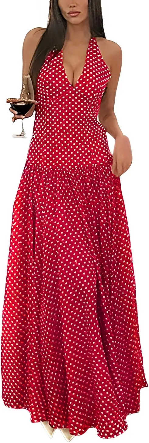 Women's Polka Dot Halter Neck Sleeveless V-Neck Swing Summer Sundress Casual Retro Cocktail Party Dress