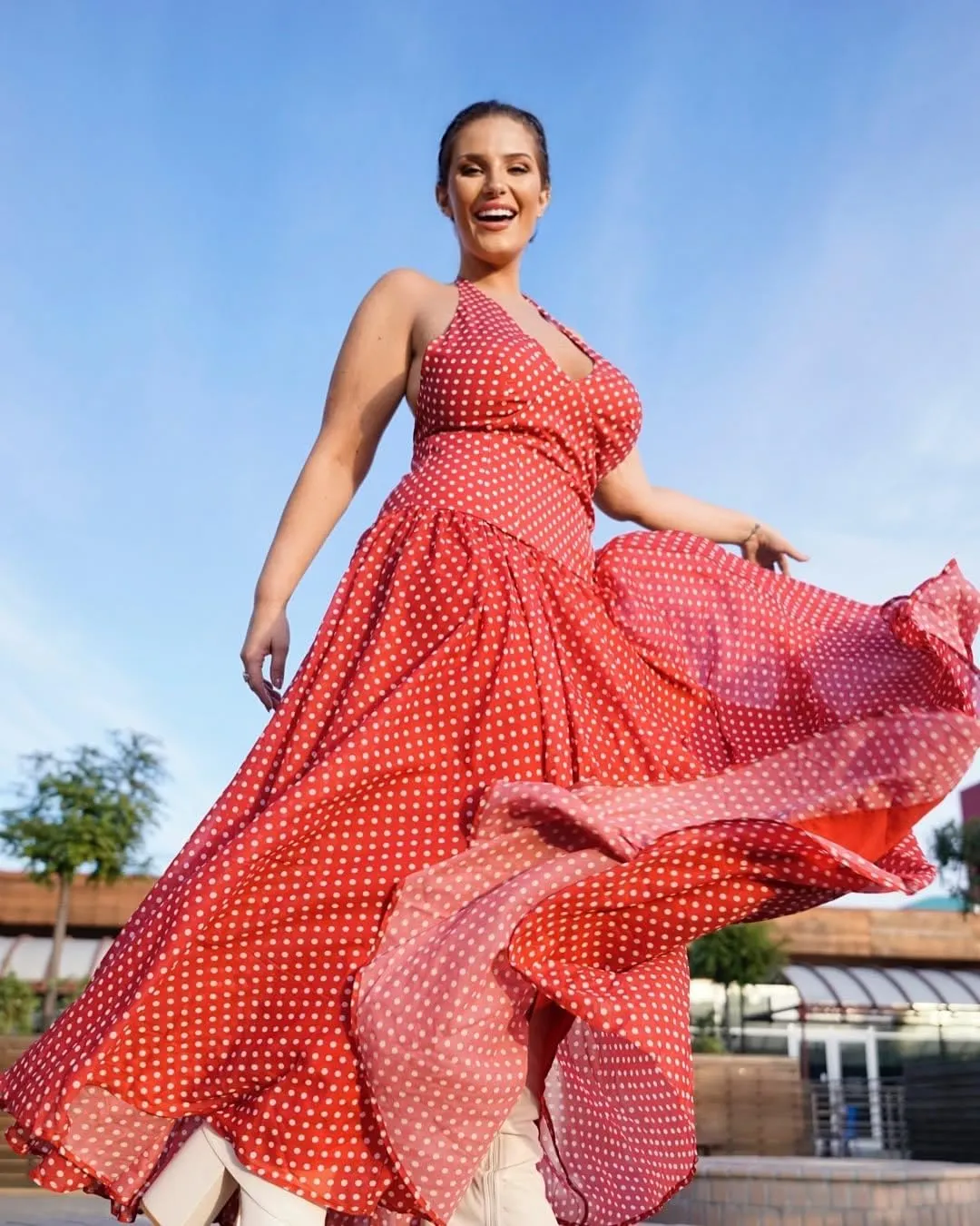 Women's Polka Dot Halter Neck Sleeveless V-Neck Swing Summer Sundress Casual Retro Cocktail Party Dress
