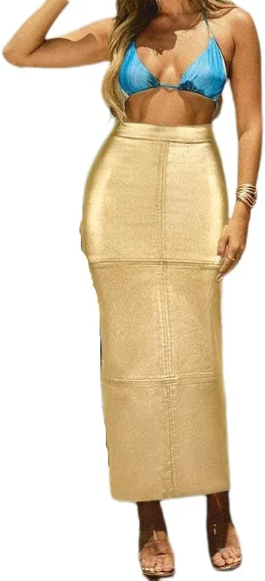 Womens PU Leather Long Skirt High Waist Back Split Business Work Maxi Skirt Casual Sexy Bodycon Pencil Skirt