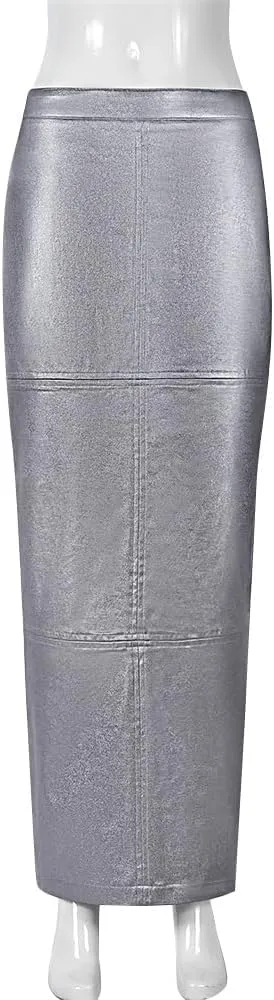 Womens PU Leather Long Skirt High Waist Back Split Business Work Maxi Skirt Casual Sexy Bodycon Pencil Skirt
