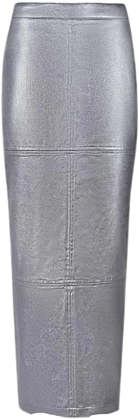 Womens PU Leather Long Skirt High Waist Back Split Business Work Maxi Skirt Casual Sexy Bodycon Pencil Skirt