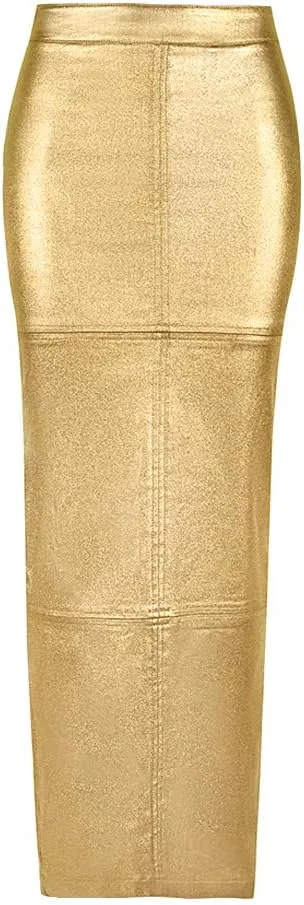Womens PU Leather Long Skirt High Waist Back Split Business Work Maxi Skirt Casual Sexy Bodycon Pencil Skirt