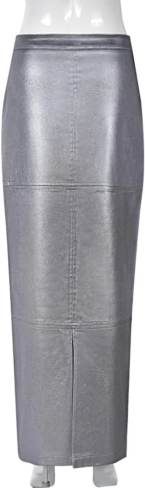 Womens PU Leather Long Skirt High Waist Back Split Business Work Maxi Skirt Casual Sexy Bodycon Pencil Skirt