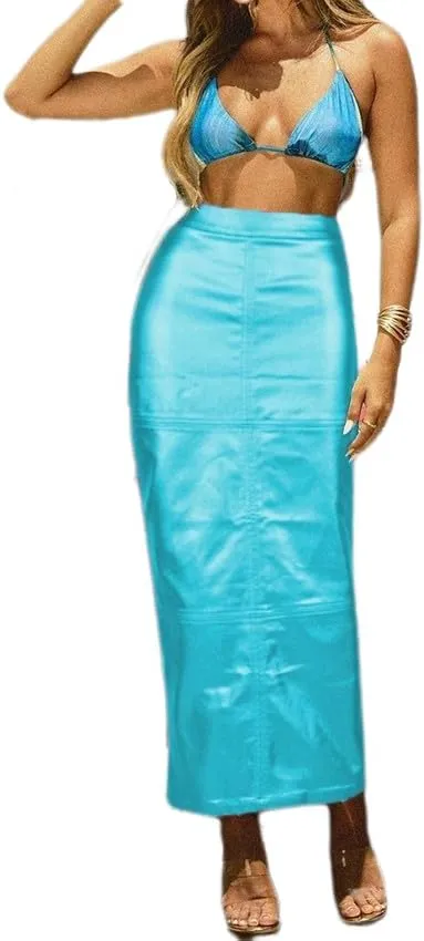 Womens PU Leather Long Skirt High Waist Back Split Business Work Maxi Skirt Casual Sexy Bodycon Pencil Skirt
