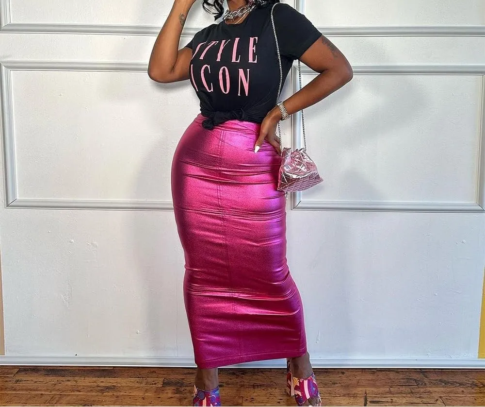 Womens PU Leather Long Skirt High Waist Back Split Business Work Maxi Skirt Casual Sexy Bodycon Pencil Skirt