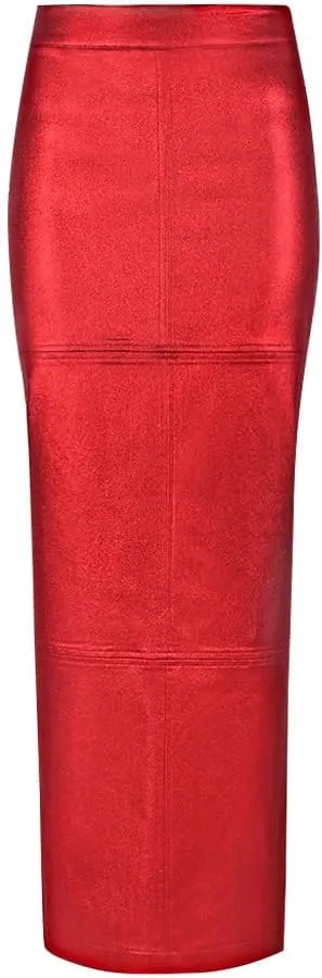 Womens PU Leather Long Skirt High Waist Back Split Business Work Maxi Skirt Casual Sexy Bodycon Pencil Skirt