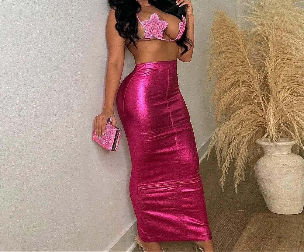 Womens PU Leather Long Skirt High Waist Back Split Business Work Maxi Skirt Casual Sexy Bodycon Pencil Skirt