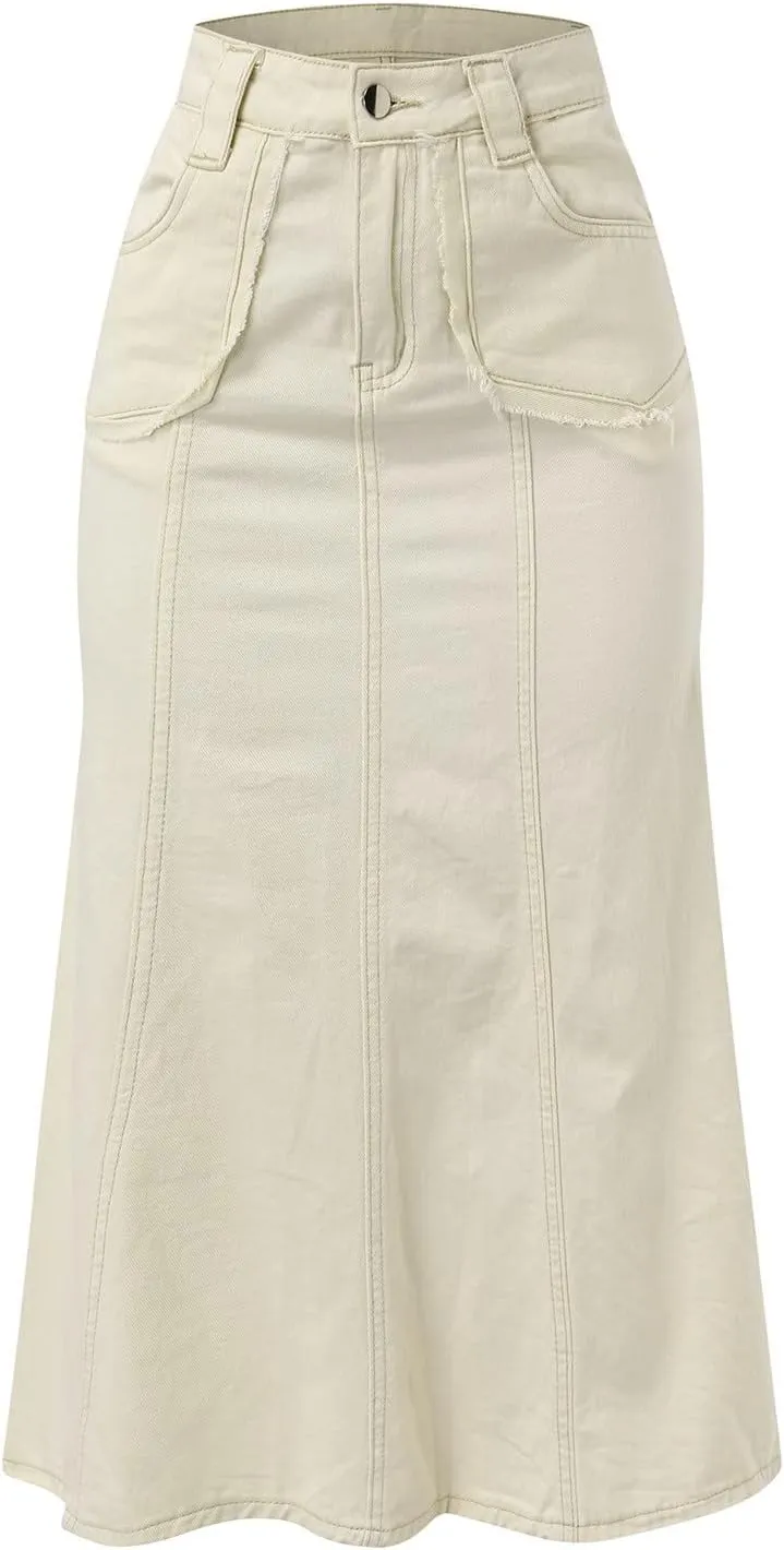 Women's Retro Exposure Button/Zipper-Fly Full Length A-Line Fishtail Maxi Long Washed Denim Jean Skirt Split Hem Skirts