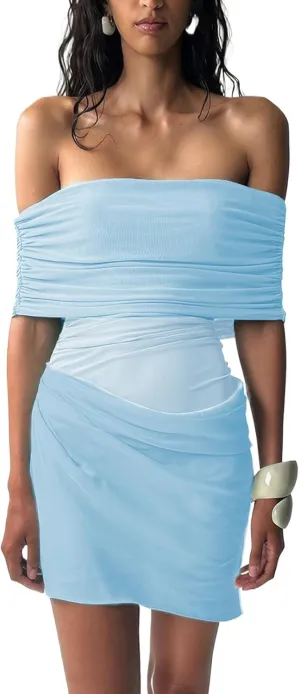 Women's Sexy Elegant Off Shoulder Bodycon Mini Dress Mesh Ruched Cocktail Party Dresses Y2k Semi-Sheer