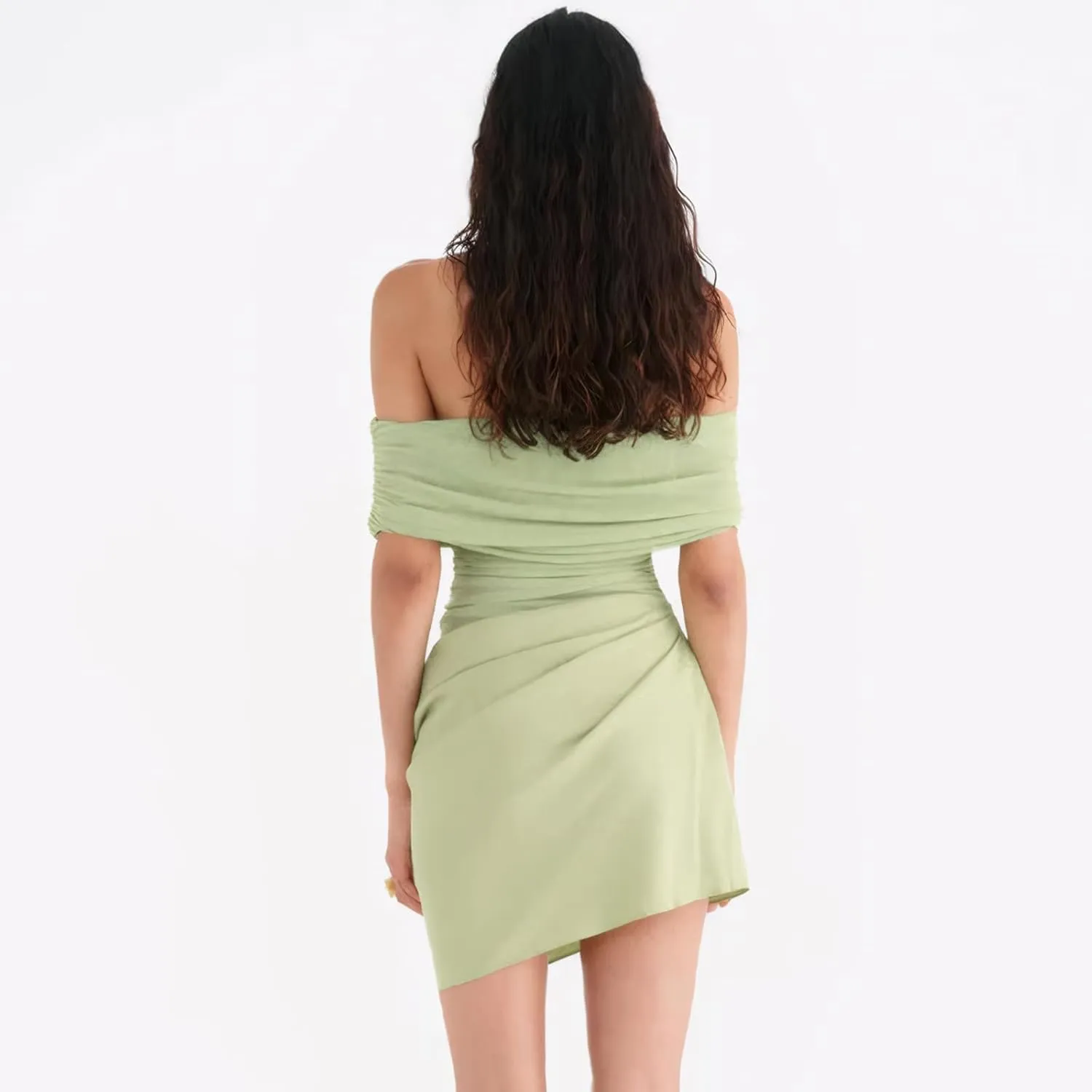 Women's Sexy Elegant Off Shoulder Bodycon Mini Dress Mesh Ruched Cocktail Party Dresses Y2k Semi-Sheer