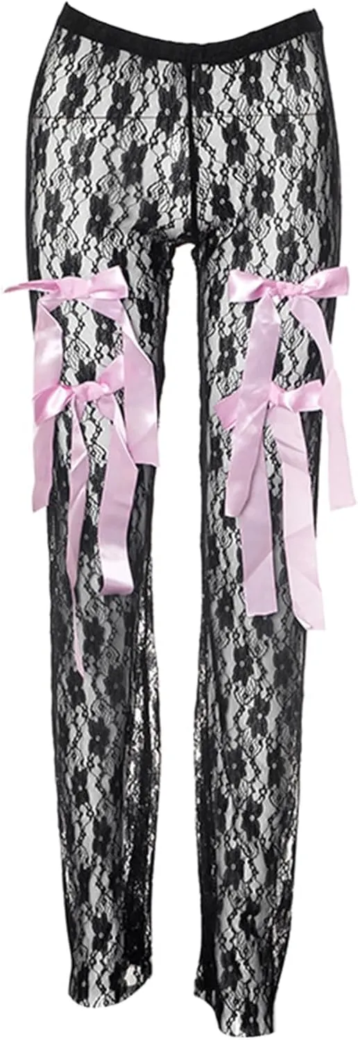 Women's Sexy See Through Lace Pants Transparent Sheer Mesh Straight Leg Pants Hollow Out Slim Trousers Cover Up Pants