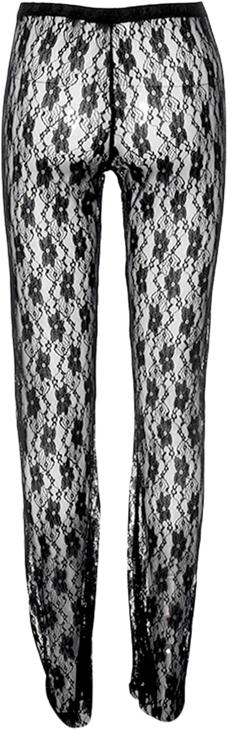 Women's Sexy See Through Lace Pants Transparent Sheer Mesh Straight Leg Pants Hollow Out Slim Trousers Cover Up Pants