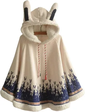 Women's Sherpa Fleece Lined Throw Cape Poncho Cloak for Girls Winter Warm Bunny Ears Pullover Hoodie Cute