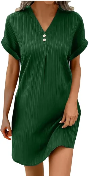 Womens Short Sleeve Casual Summer Dress V Neck Boho Beach Mini T Shirt Dress Dressy Work Button Down Swing Dresses