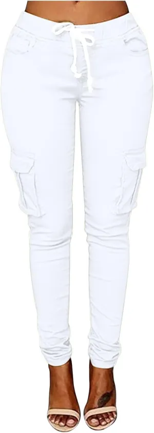 Womens Skinny Cargo Pants Casual Drawstring High Waist Stretch Cargo Joggers Butt Lift Pencil Trousers with Pockets