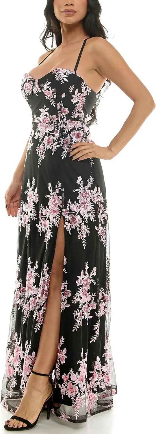 Women's Sleeveless Strappy Sweetheart Neck Floral Sequin Embroidered Mesh a Line Gown