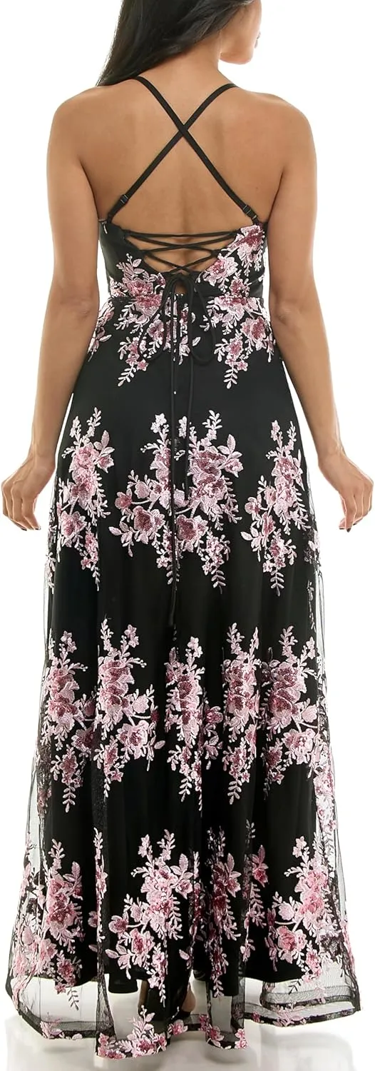 Women's Sleeveless Strappy Sweetheart Neck Floral Sequin Embroidered Mesh a Line Gown
