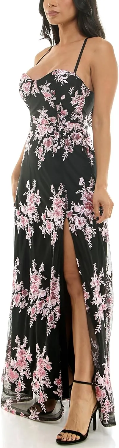 Women's Sleeveless Strappy Sweetheart Neck Floral Sequin Embroidered Mesh a Line Gown