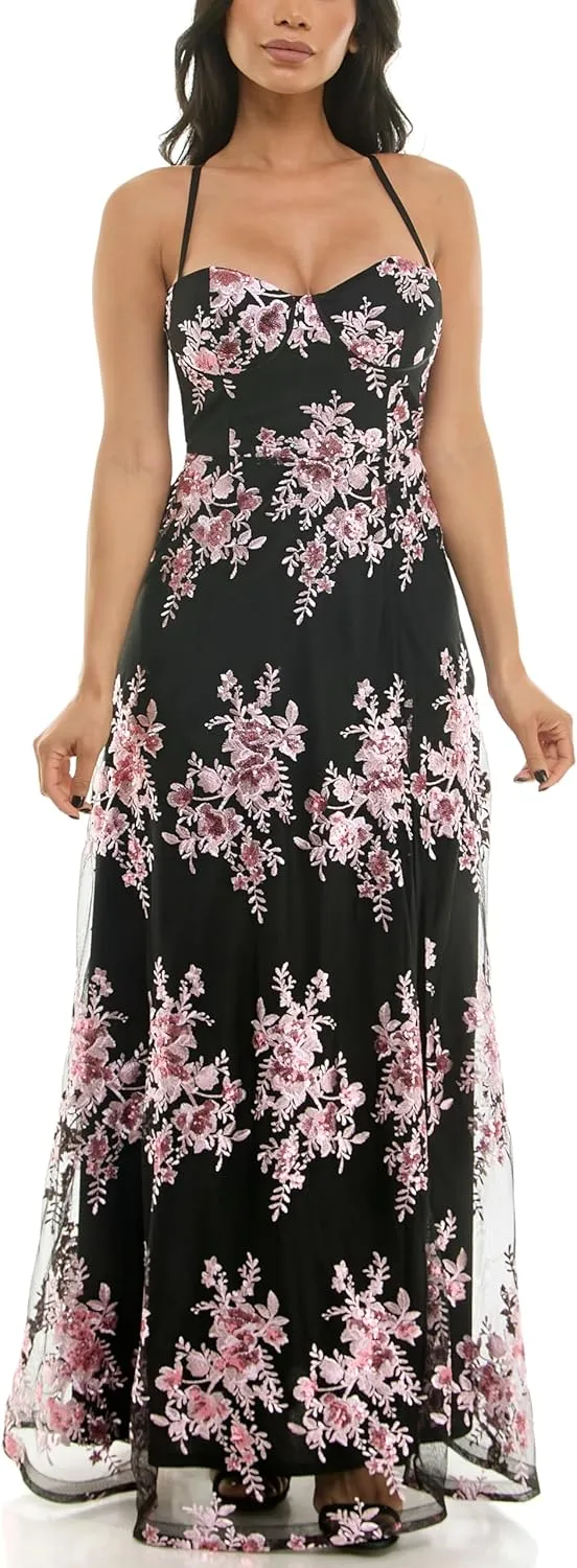 Women's Sleeveless Strappy Sweetheart Neck Floral Sequin Embroidered Mesh a Line Gown