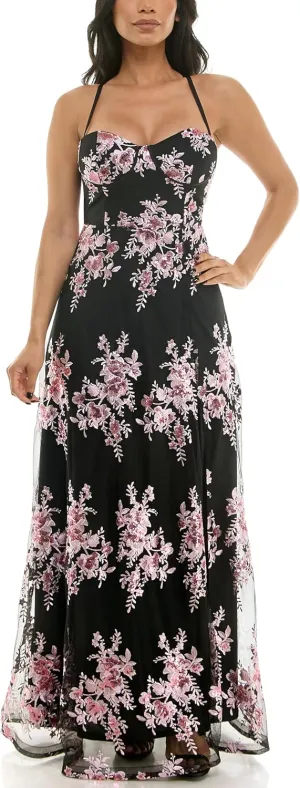 Women's Sleeveless Strappy Sweetheart Neck Floral Sequin Embroidered Mesh a Line Gown